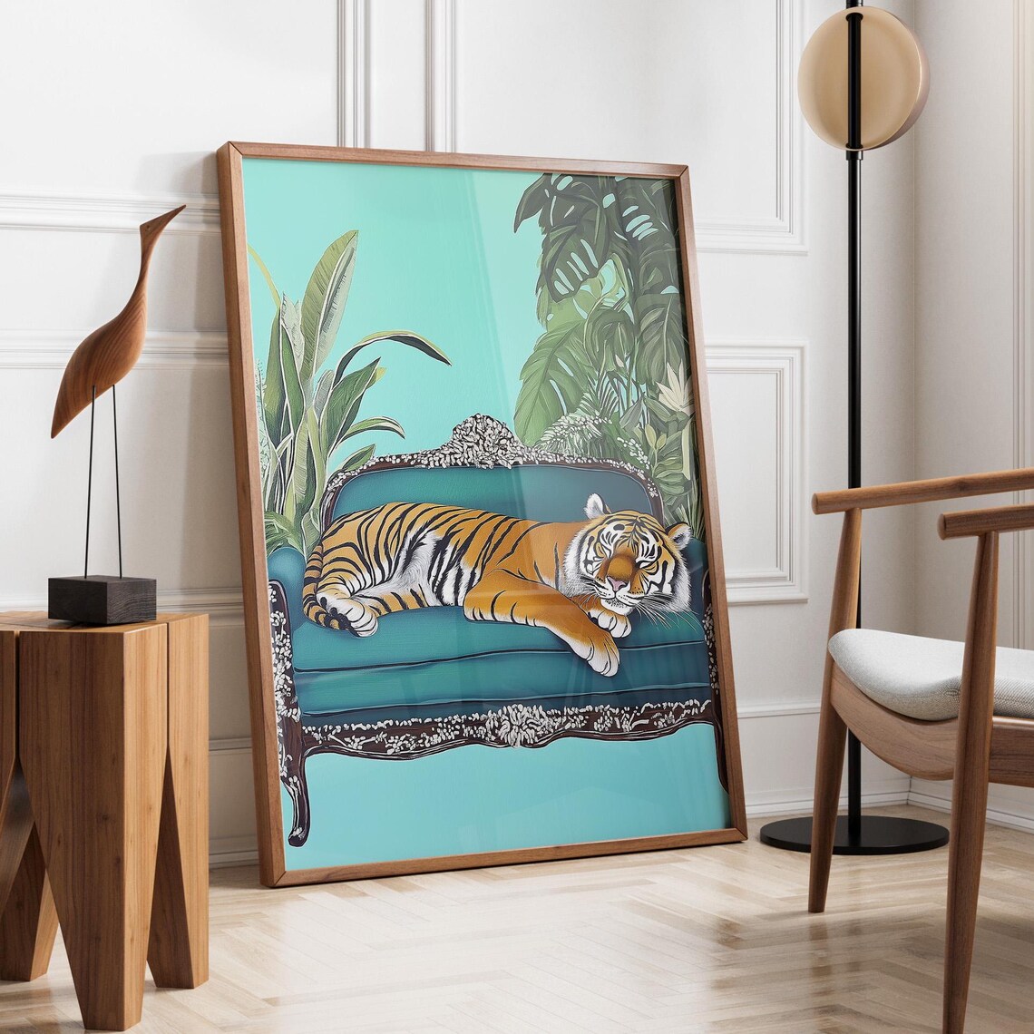 Majestic Tiger Lounging On A Teal Settee With Tropical Leaves Poster