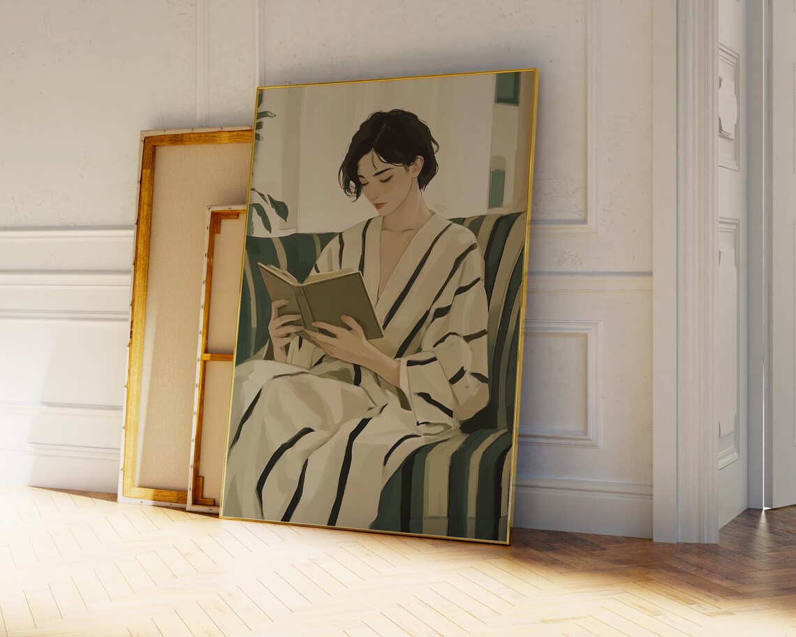 Serene Emerald Reading Woman Minimalist Contemporary Book Nook Poster - Image 4