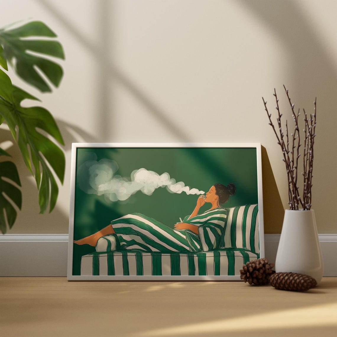 Emerald Green Woman Smoking Stripe Woman Poster - Image 4