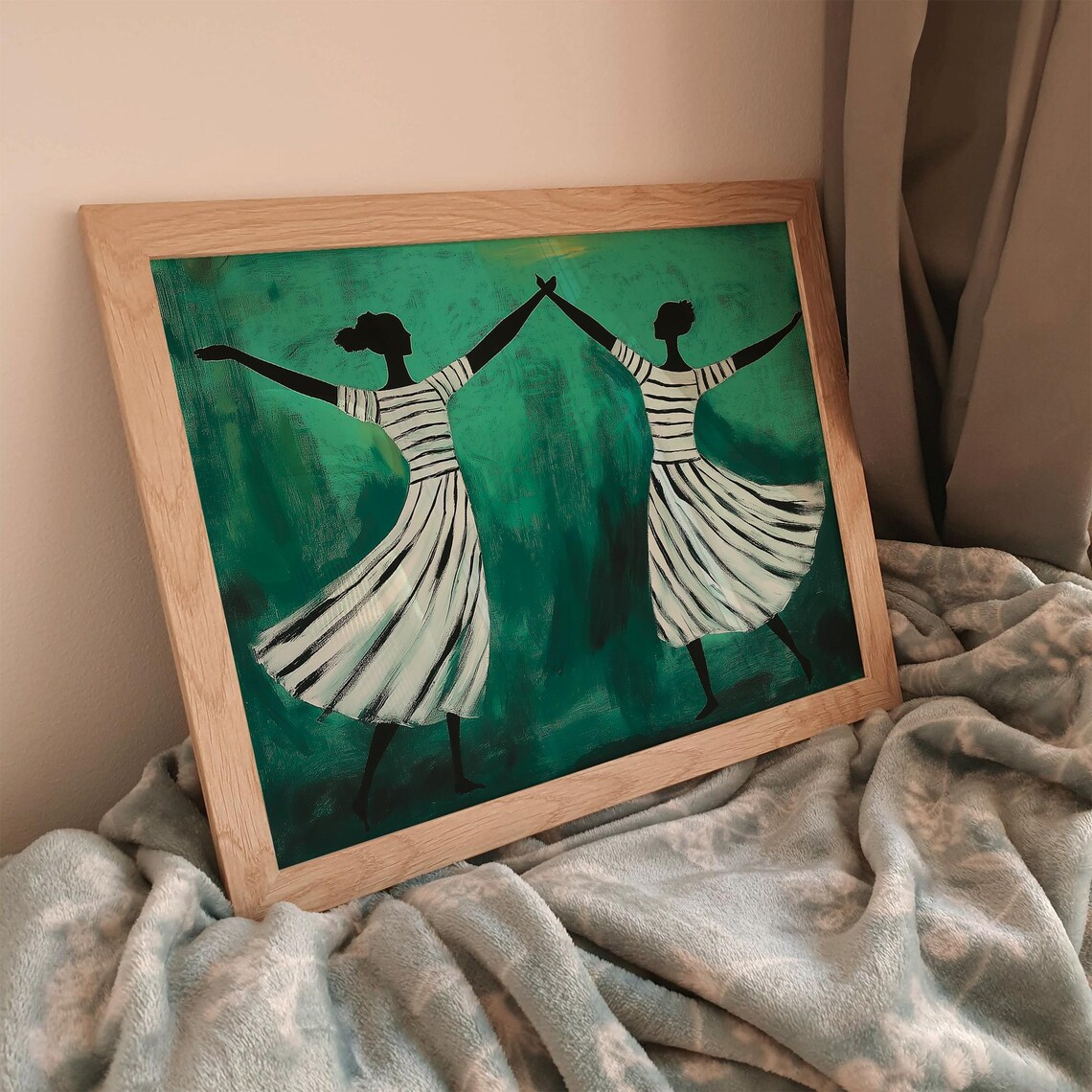 Two Dancers Holding Hands Leaping in Emerald Green Modern Poster - Image 2