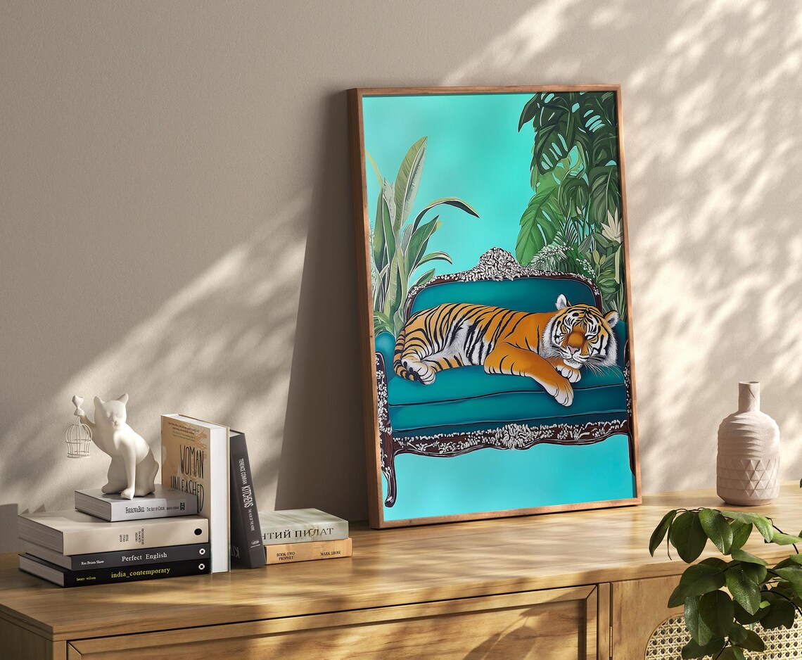 Majestic Tiger Lounging On A Teal Settee With Tropical Leaves Poster - Image 3