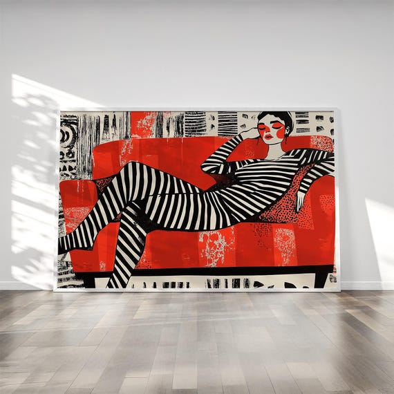 Woman Relaxing On Red Orange Couch Art Print
