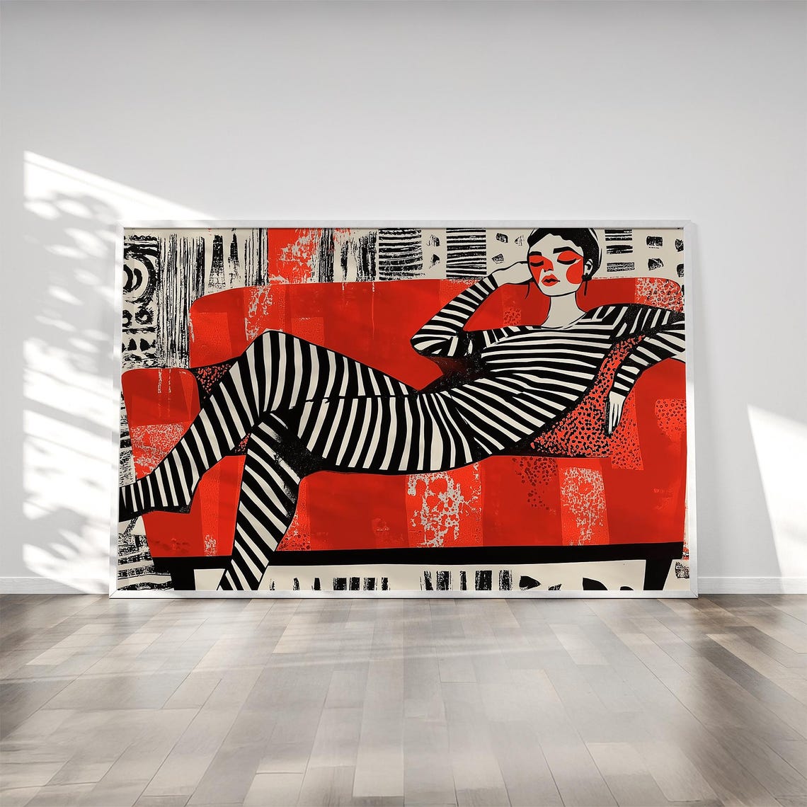 Woman Relaxing On Red Orange Couch Art Print