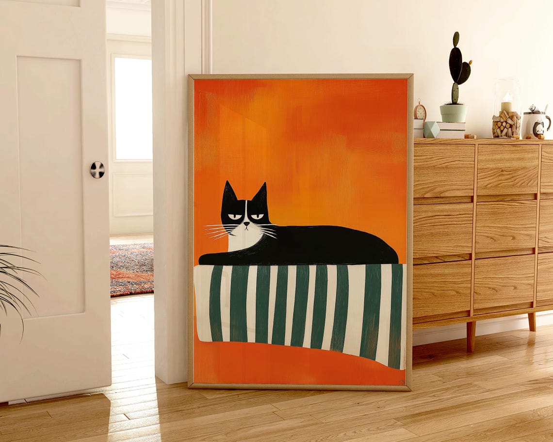 Black Cat In Striped Blanket, Contemporary Art Print - Image 2