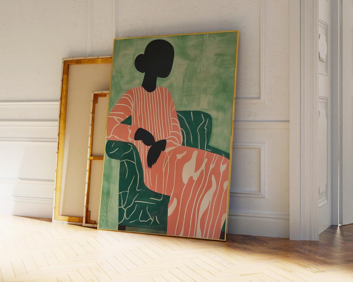 Seated Woman Silhouette in Coral Striped Dress on Green Poster - Image 2