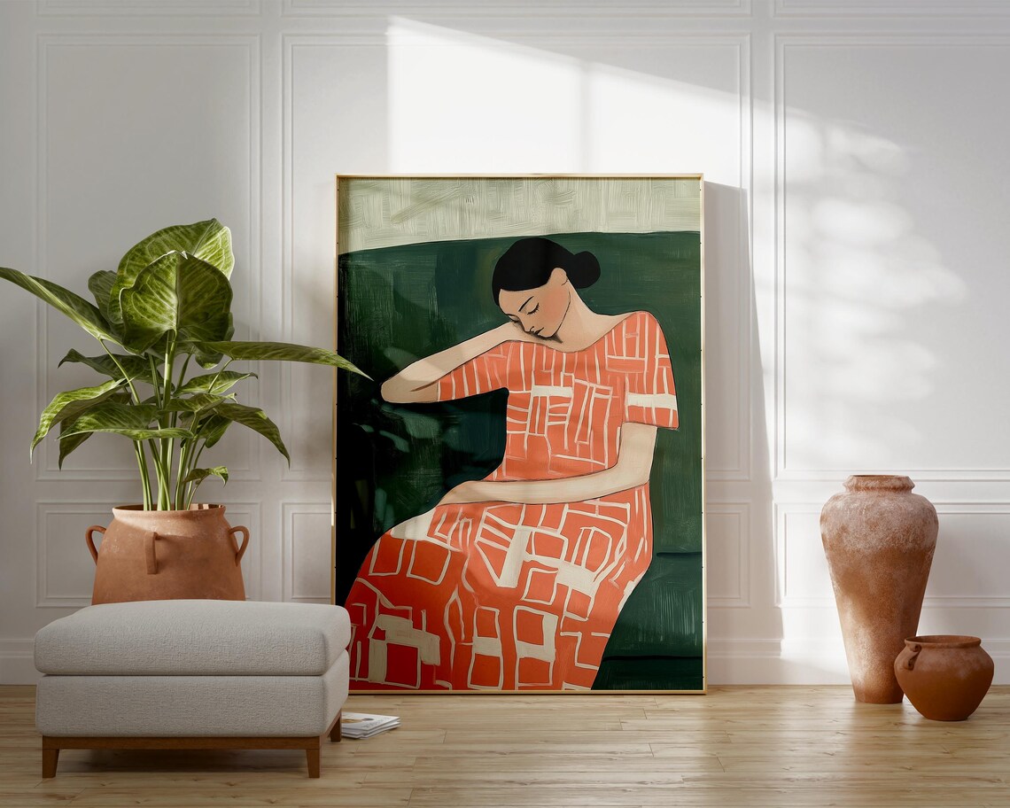 Resting Woman In A Coral Patterned Dress Against Deep Green Wall Art - Image 4