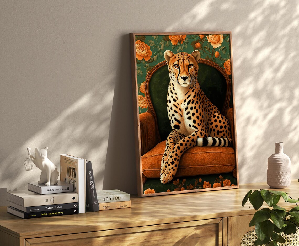 Regal Cheetah Sitting On Ornate Armchair With Floral Wall Art - Image 3