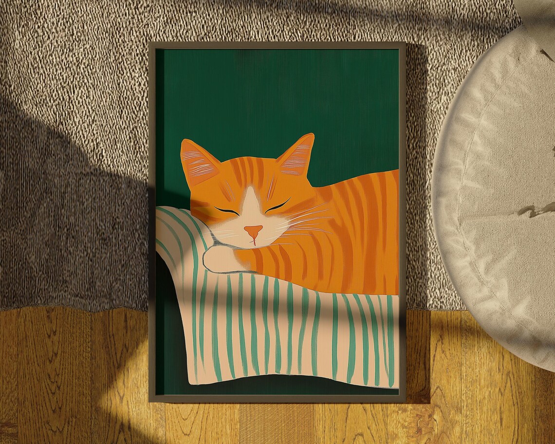 Orange Tabby Cat Sleeping On Striped Blanket Dark Green Poster - Image 4