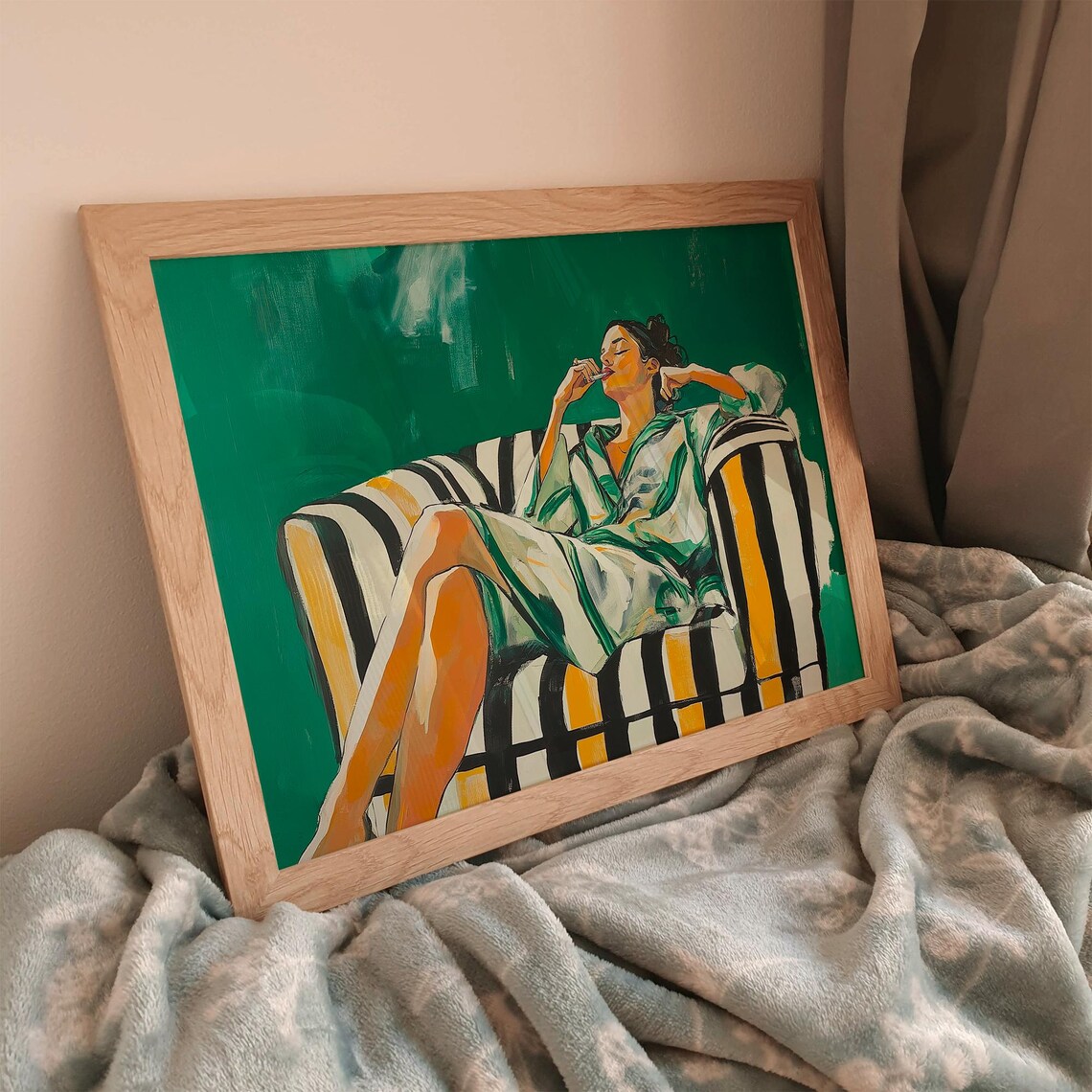 Woman Smoking on Striped Chair Emerald Green Painting Poster - Image 3