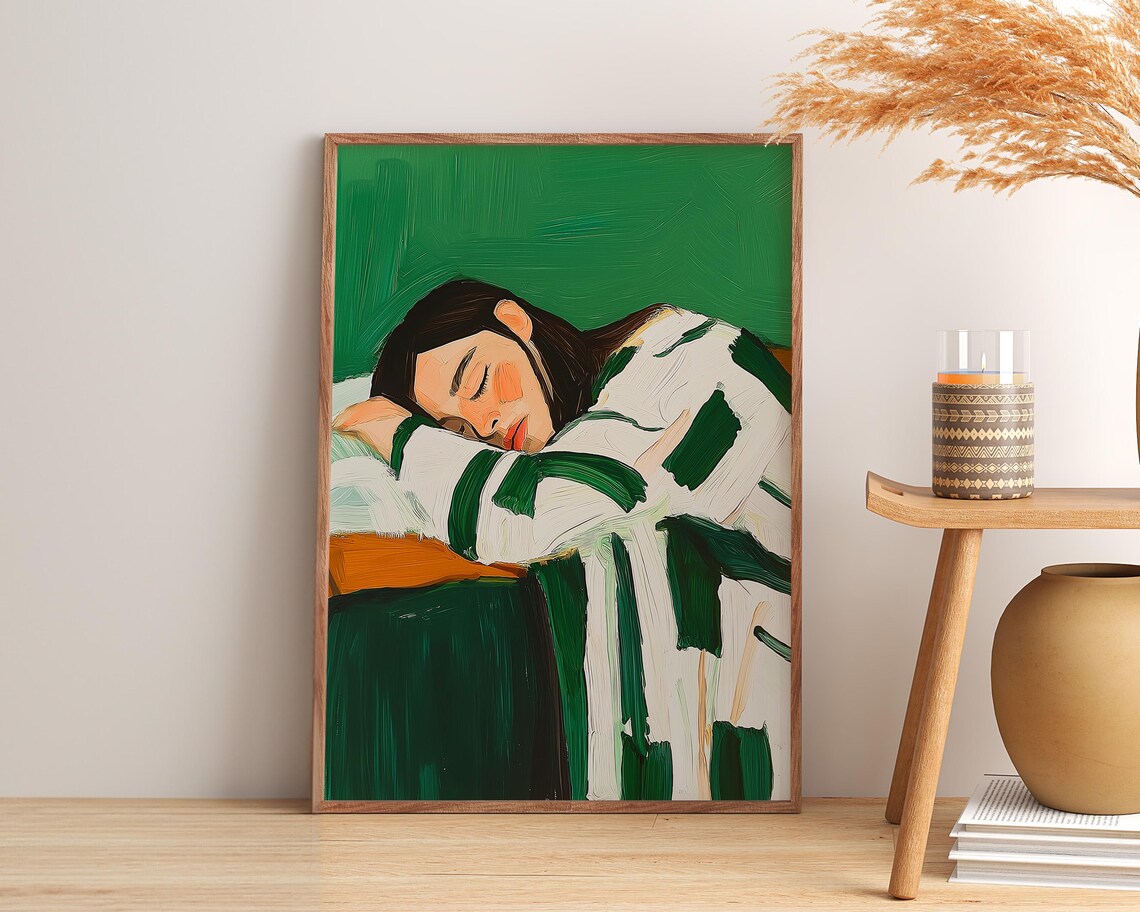 Sleeping Woman Wrapped in Green Stripes Emerald Cozy Rest Art Poster - Image 2