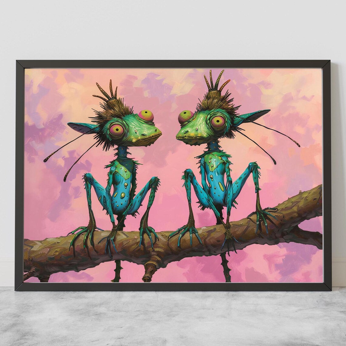 Whimsical Green Goblin Creatures on Branch Fantasy Art Poster