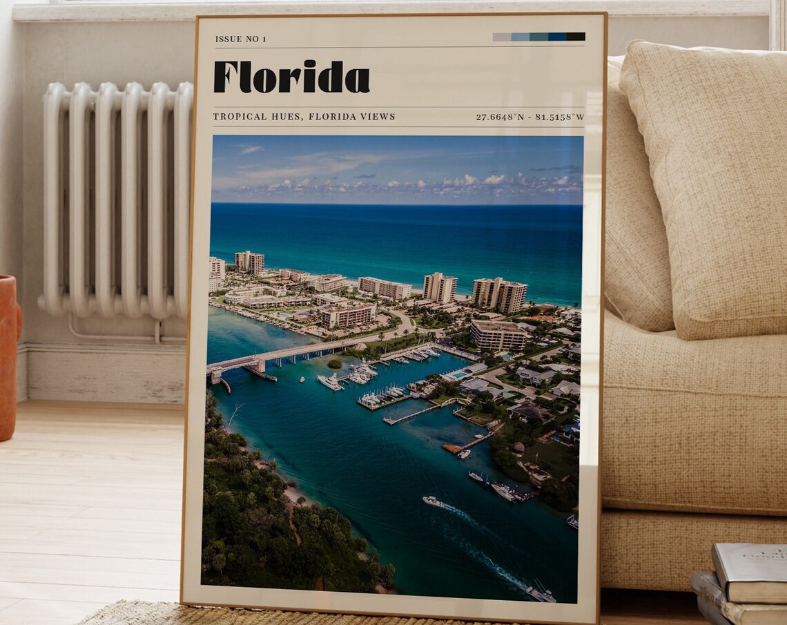 Florida Tropical Coast Marina Aerial Magazine Cover Travel Poster