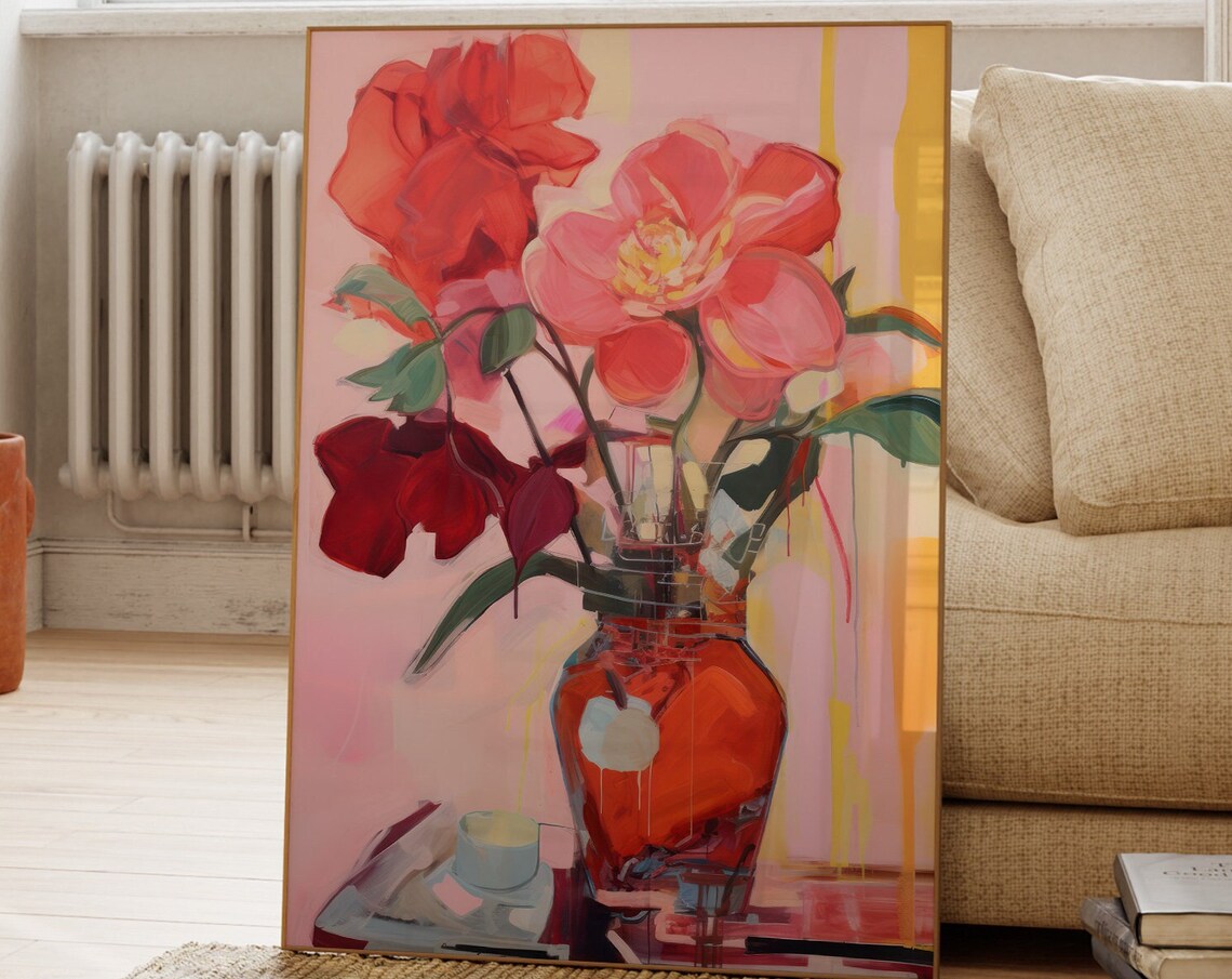 Pink And Red Flowers In Vase, Still Life Art Print