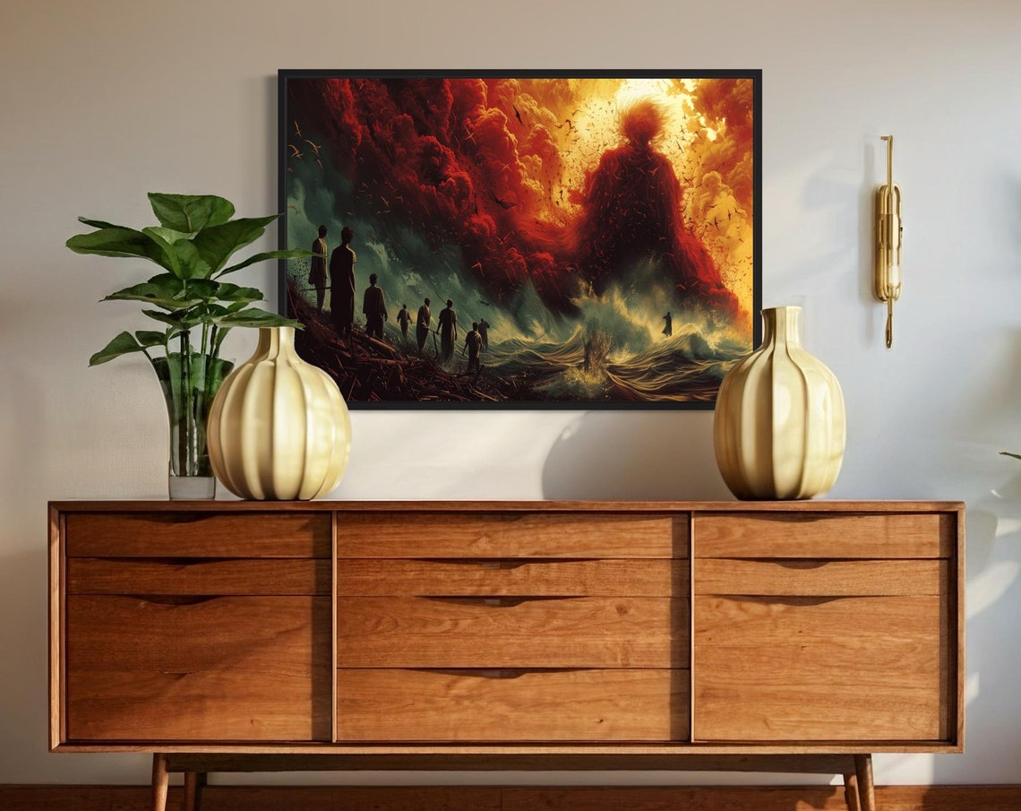 Tiny Figures Fleeing a Towering Fiery Giant Over Dark Waves Poster