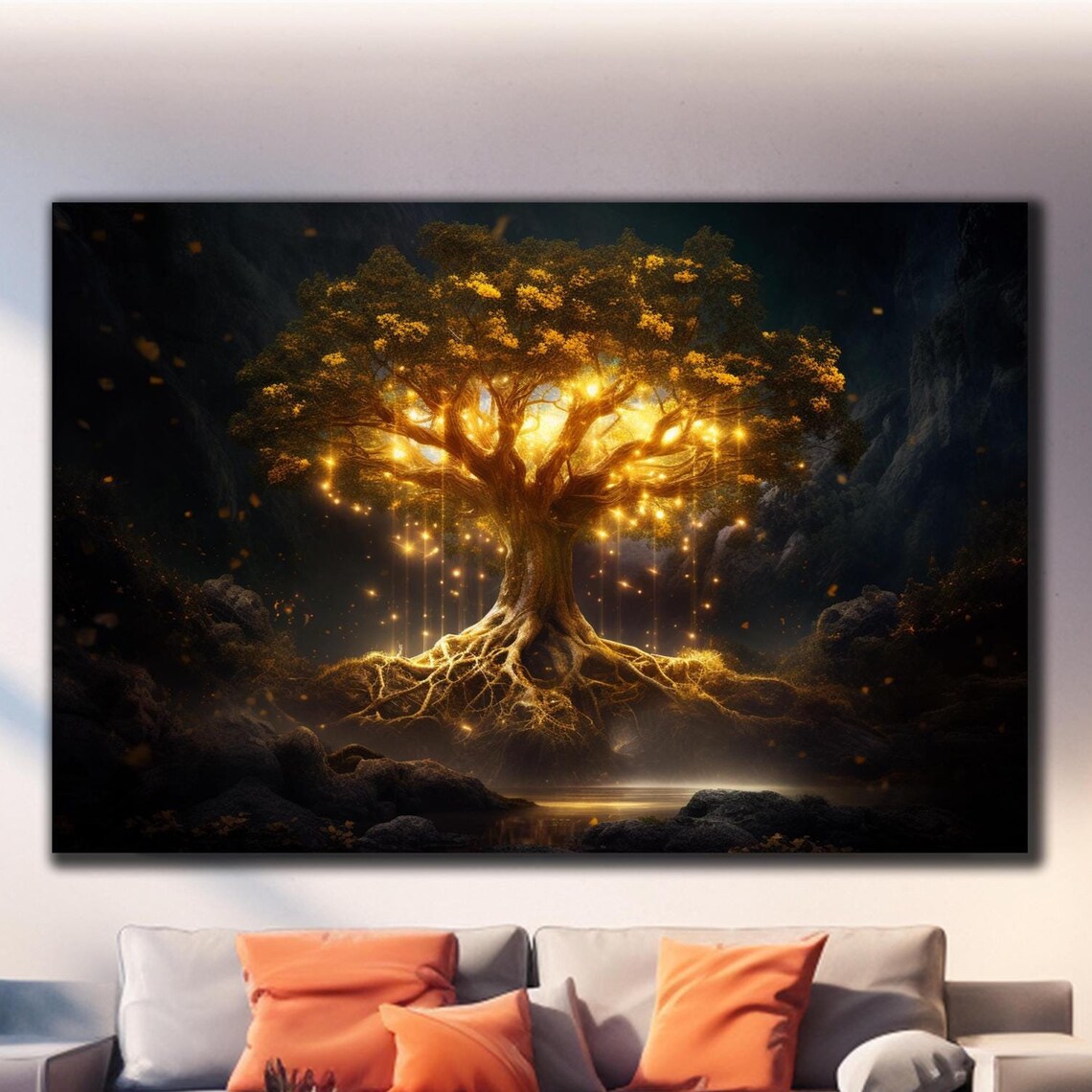 Golden Tree of Life Glowing Night Forest Light Magic Wall Art