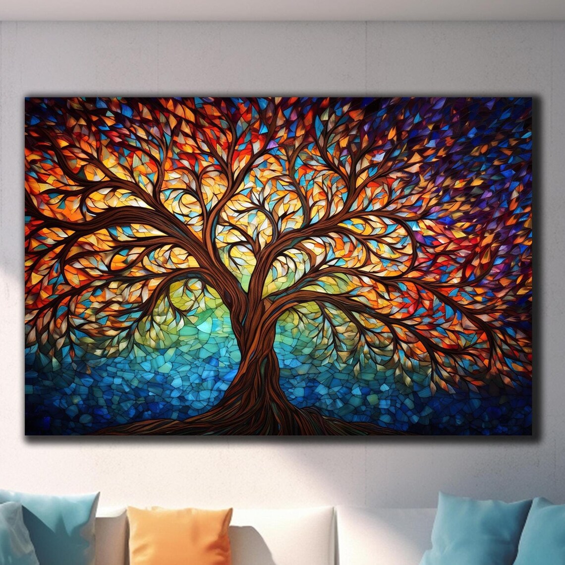 Rainbow Tree of Life Stained Glass Mosaic Colorful Canopy Wall Art