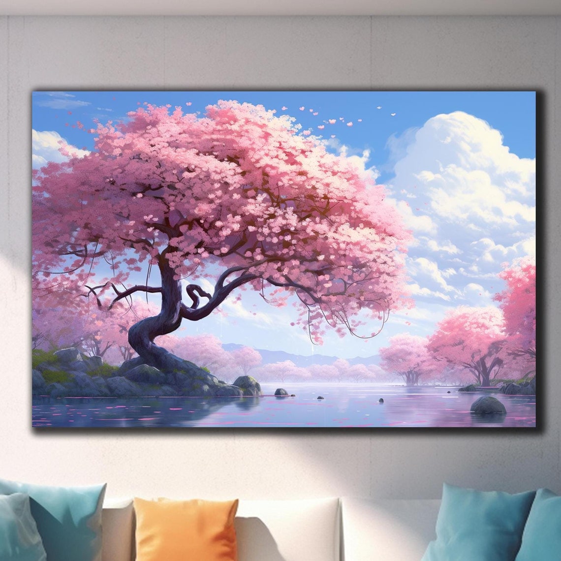 Cherry Blossom Tree Lake Blue Sky Spring Anime Style Landscape Poster