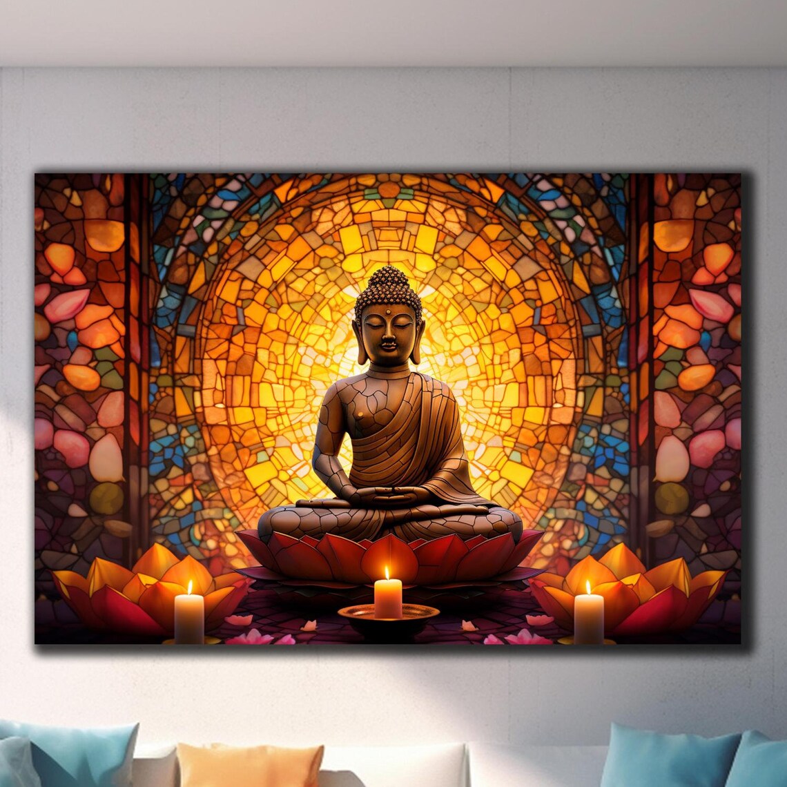 Buddha Meditating Golden Stained Glass Halo Lotus Temple Wall Art