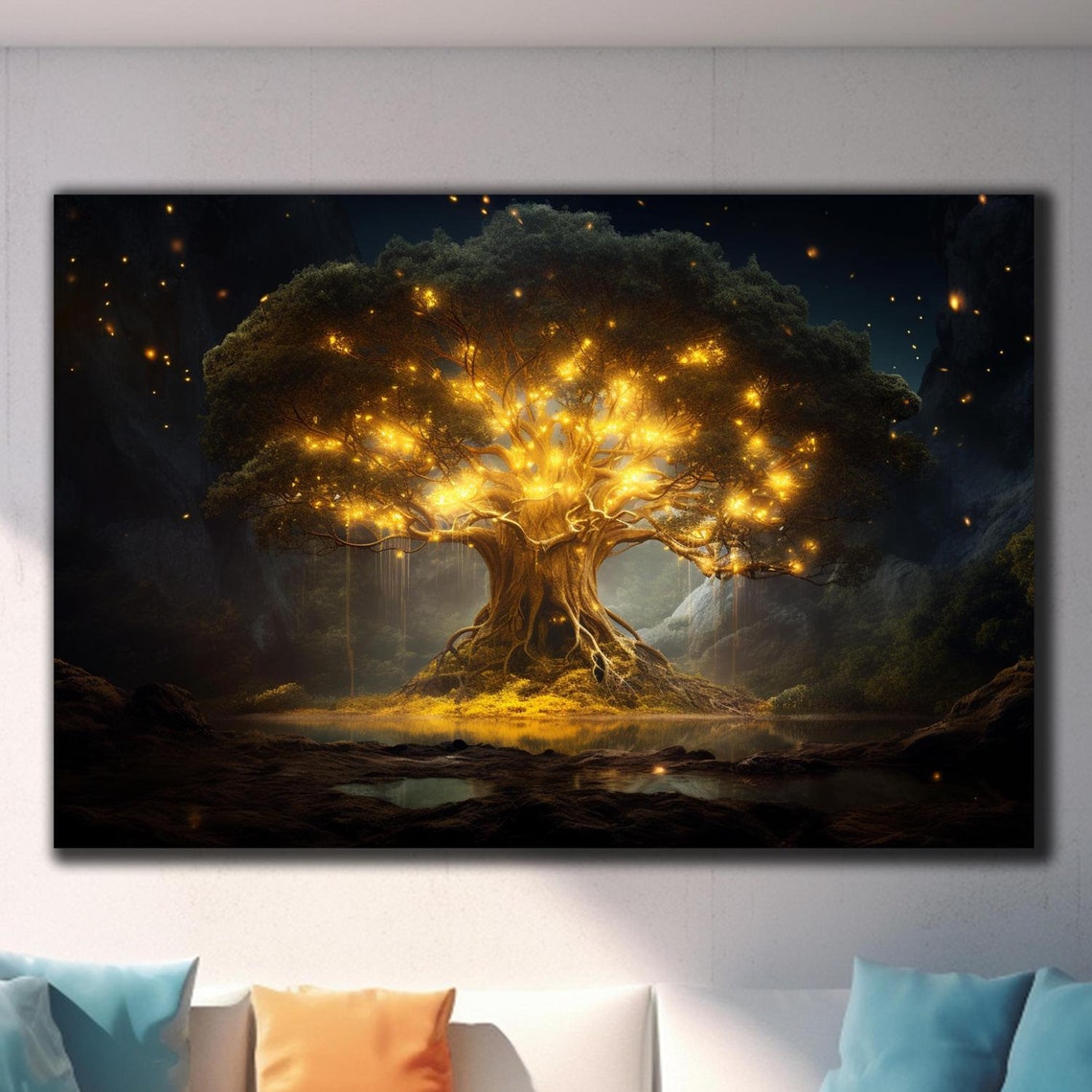 Golden Enchanted Tree Night Glowing Forest Firefly Light Wall Art