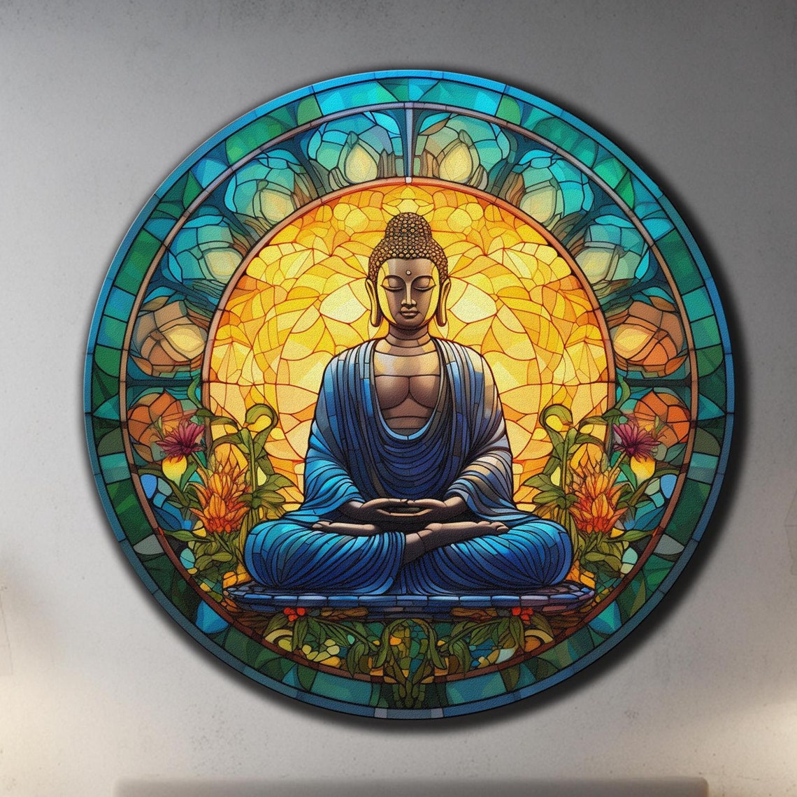 Buddha Blue Robe Stained Glass Golden Halo Lotus Flower Wall Art