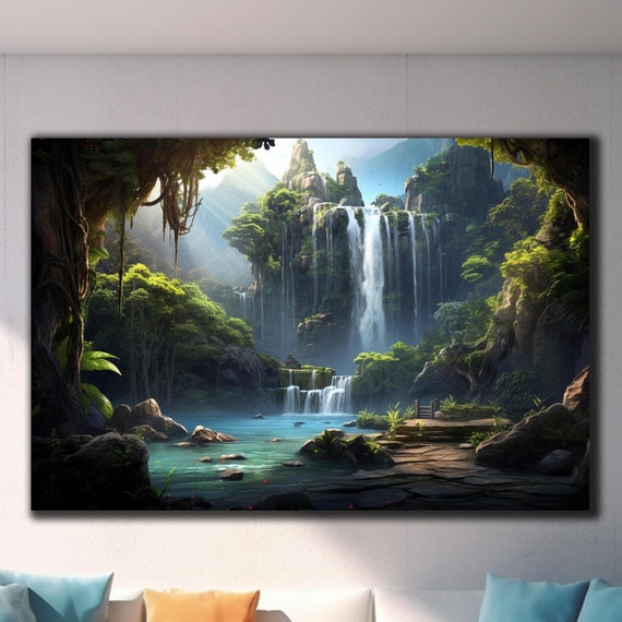 Waterfall Paradise Tempered Glass Printing Wall Art Large Wall Art Modern Glass Art Landscape Wall Art Waterfall Wall Art Glass Printing