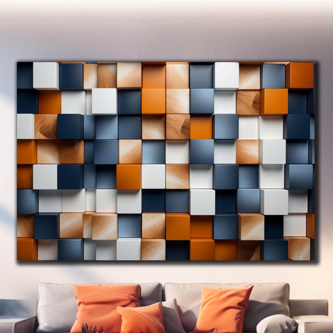 Navy Orange White Wood Cube Grid Bold 3D Abstract Wall Art Print