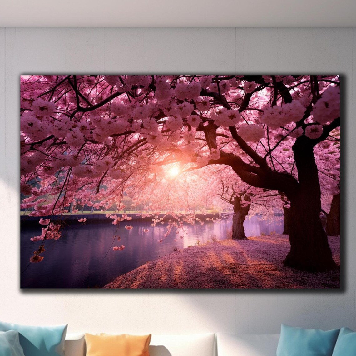 Cherry Blossom River Sunset Pink Petals Dreamy Landscape Wall Poster