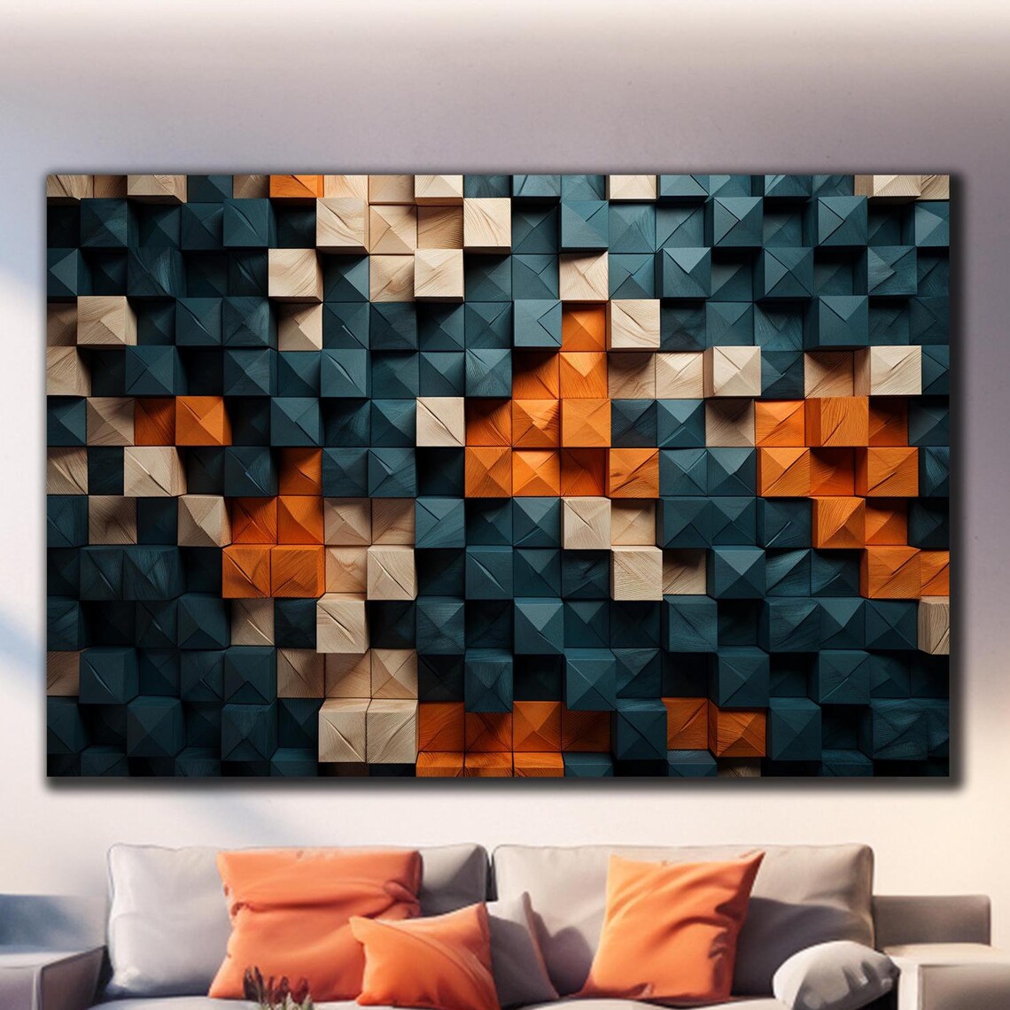 Navy Orange Natural Wood Faceted Cube Blocks Modern Wall Art