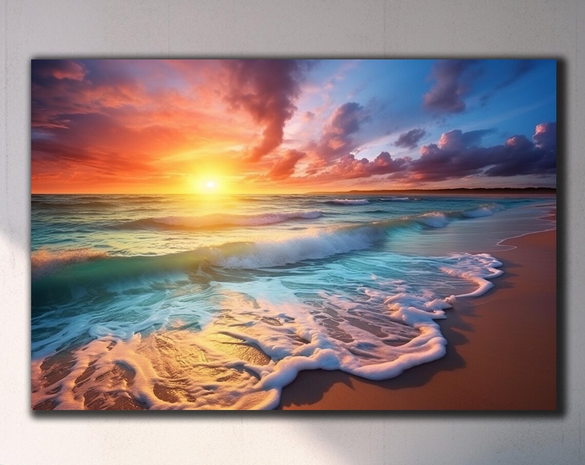 Sunset Beach Foamy Waves Golden Horizon Coastal Art Wall Poster