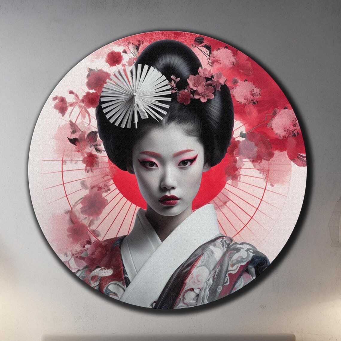 Geisha Portrait Round Pink Blossom Kimono Elegant Wall Art Poster