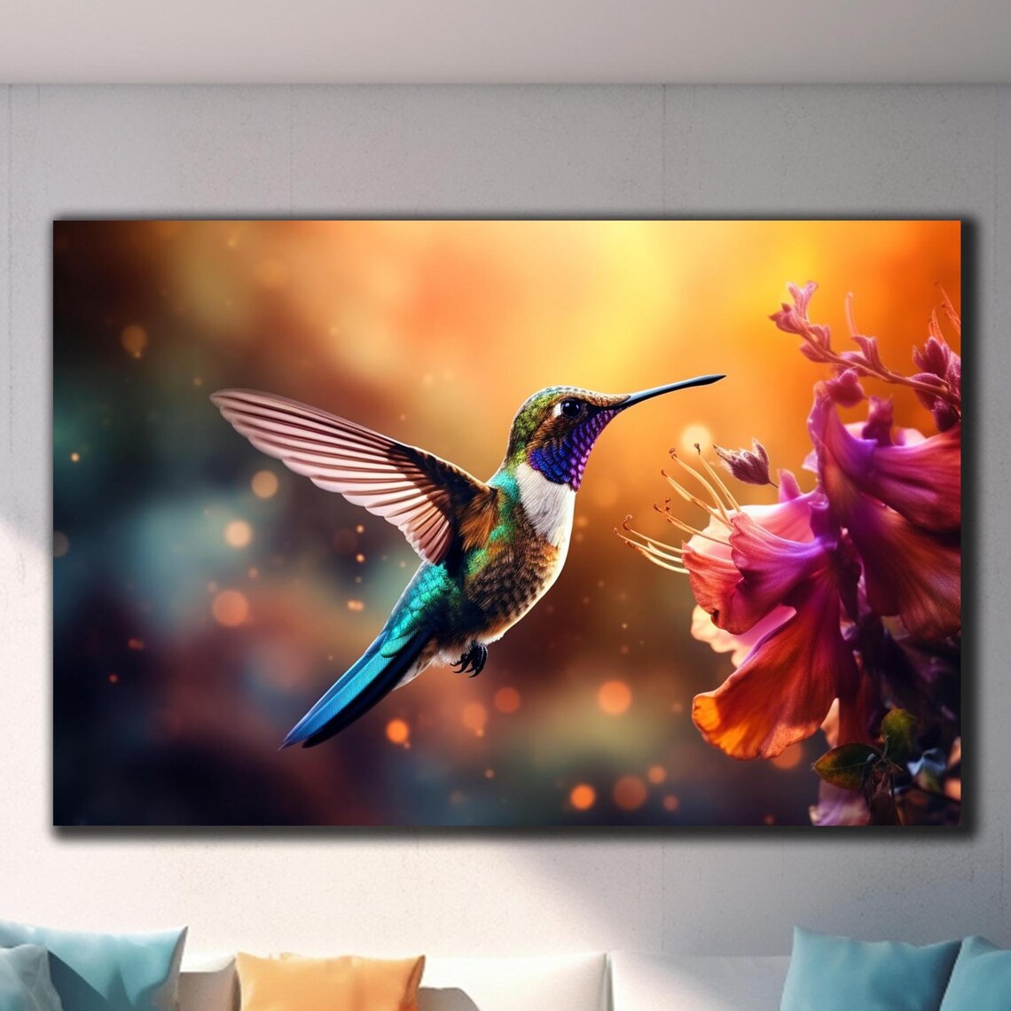 Hummingbird Golden Bokeh Red Orange Flowers Iridescent Wings Poster