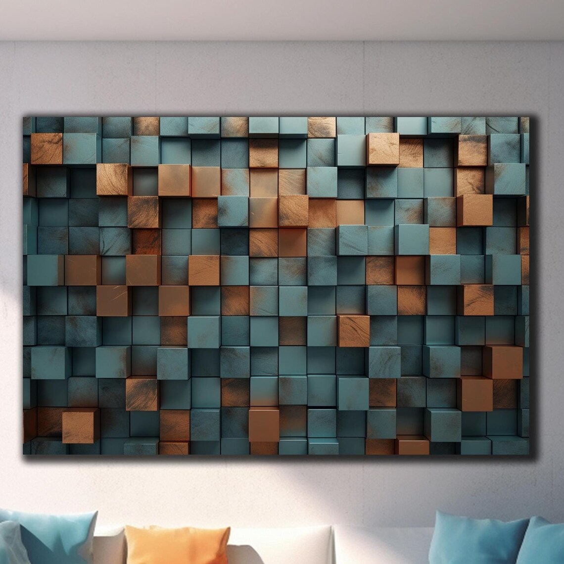 Teal Copper Gold 3D Wooden Cube Blocks Modern Abstract Wall Art