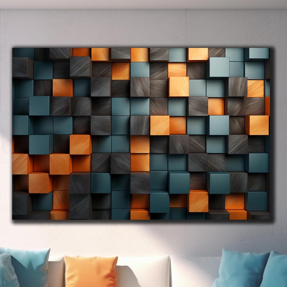 Teal Gray Orange 3D Wooden Block Abstract Geometric Wall Art