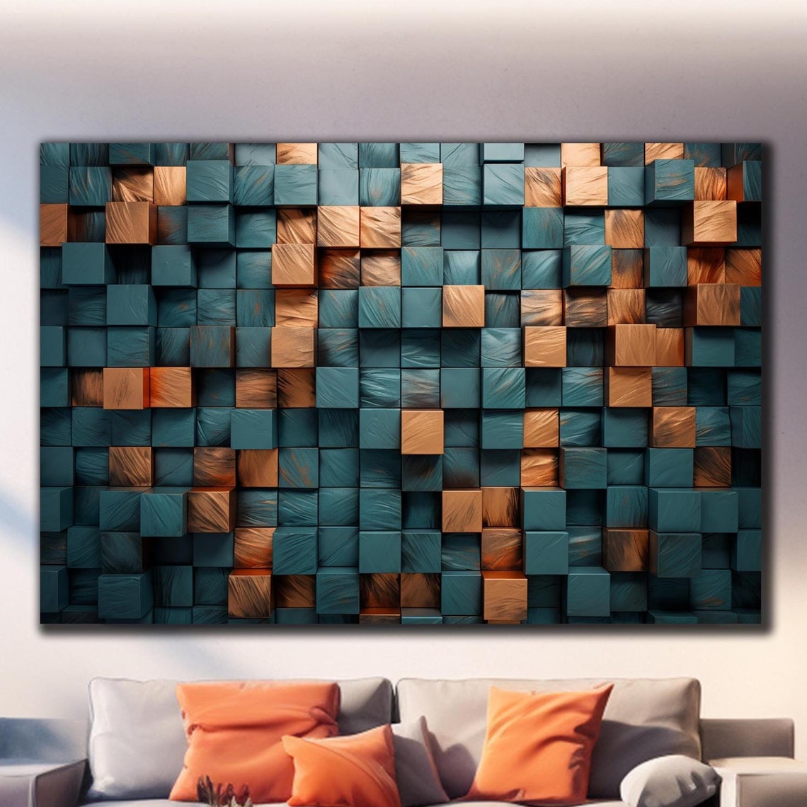 Teal Blue Copper 3D Wooden Cube Blocks Abstract Modern Wall Art