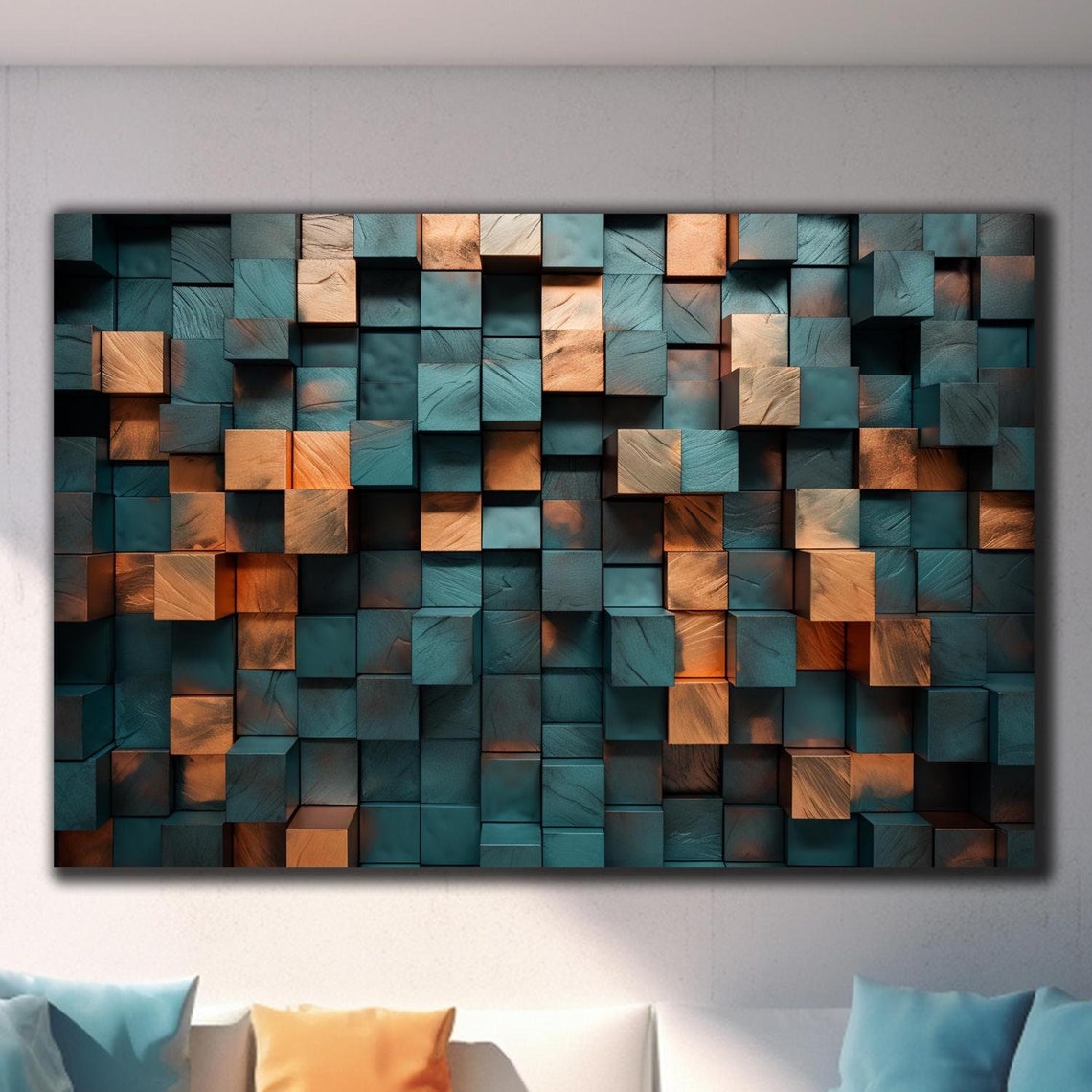 Teal Wooden Cube Blocks 3D Texture Abstract Geometric Wall Poster