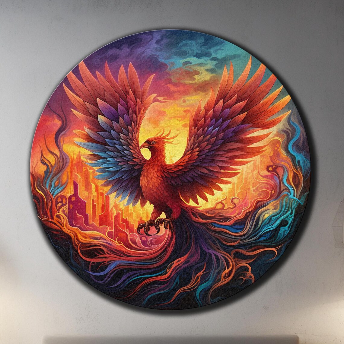 Phoenix Rising Flames Round Wings Spread Fire Bird Wall Art Poster