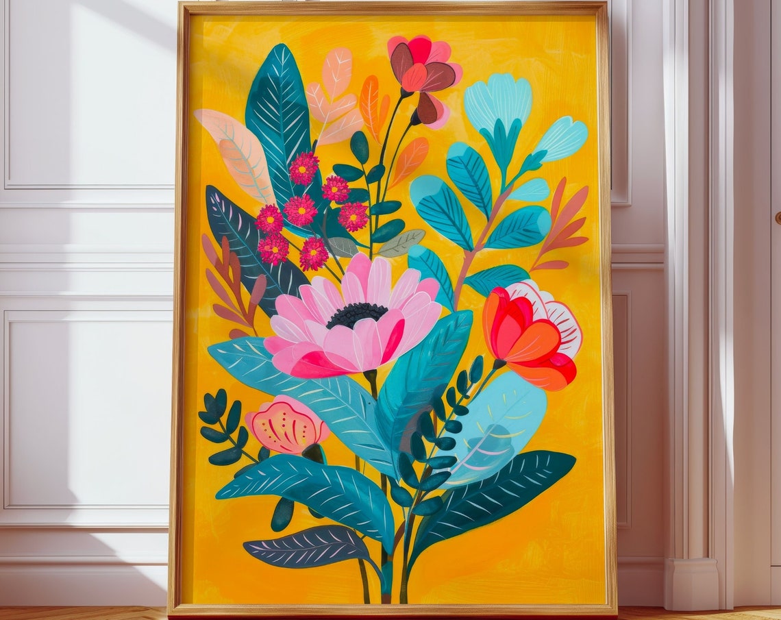 Bold Botanical Floral Art Pink Blooms Teal Leaves Yellow Poster