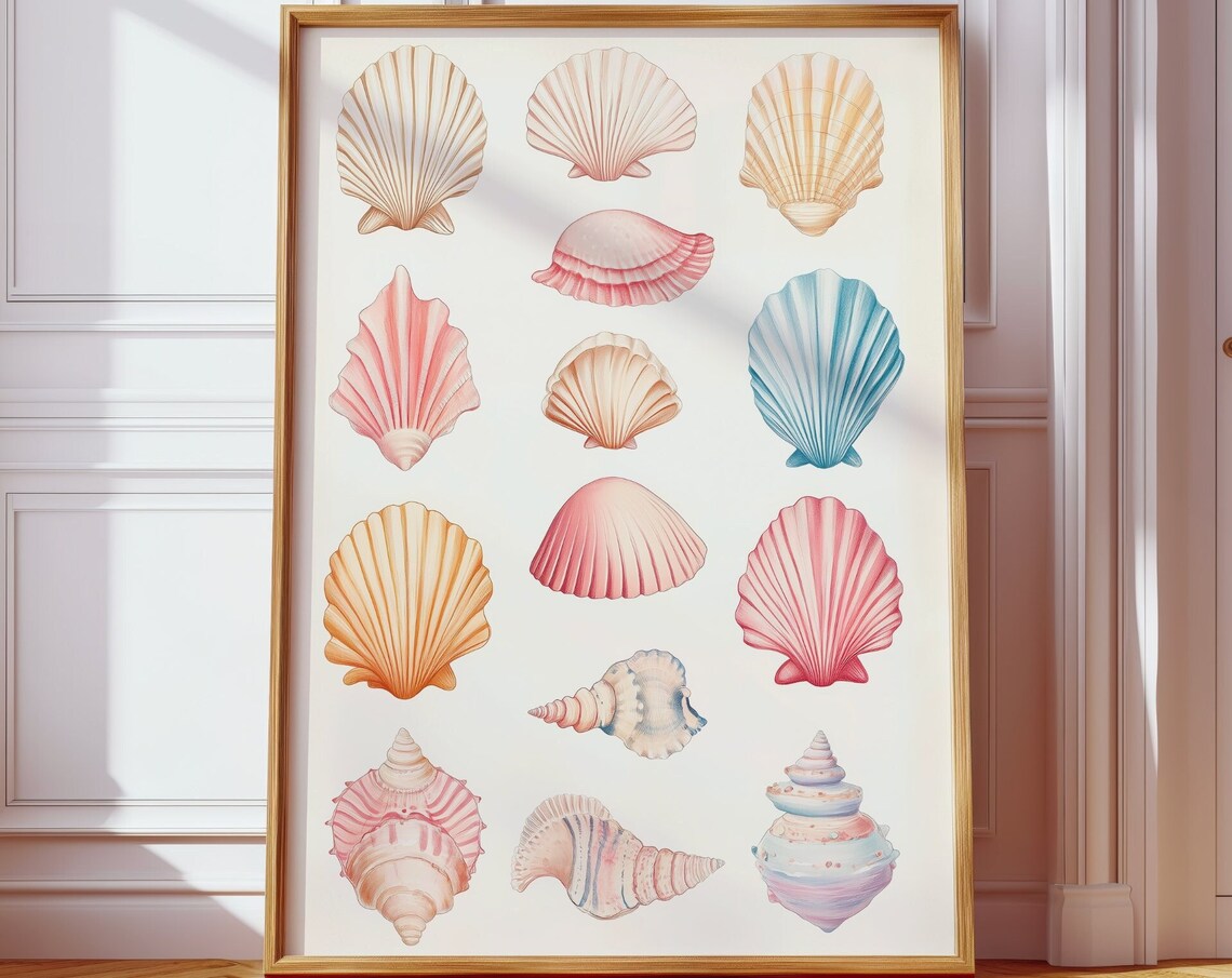Scallop Seashell Study Chart Watercolor Coastal Farmhouse Art Poster - Image 3