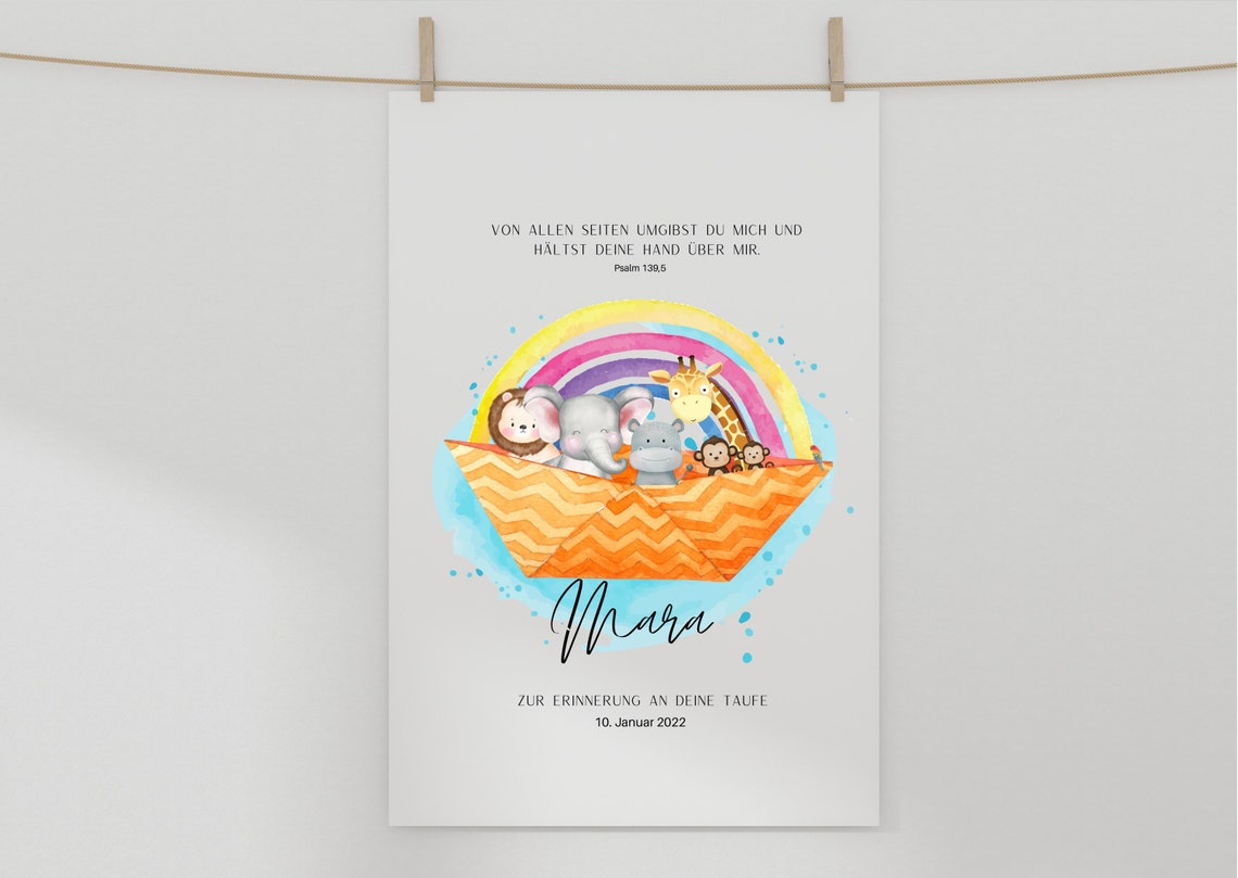 Personalized Baptism Poster with Noahs Ark Animals Rainbow Design - Image 3