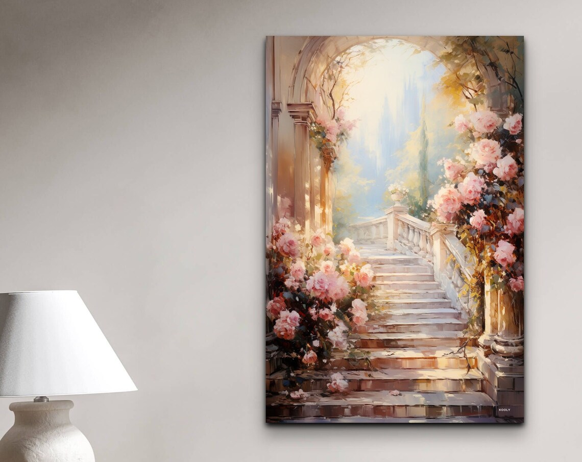Rose Garden Path Oil Painting Style Art Print