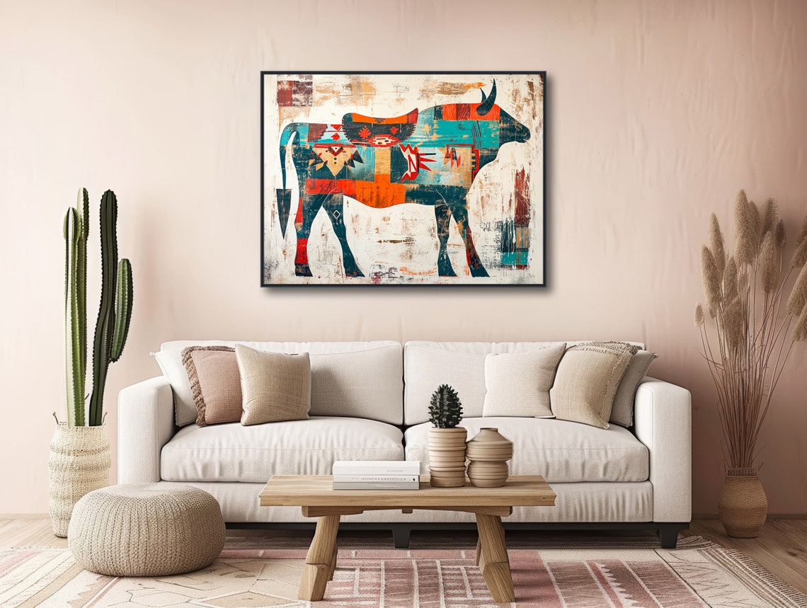 Patchwork Longhorn Bull Painting Tribal Pattern Western Wall Poster - Image 3