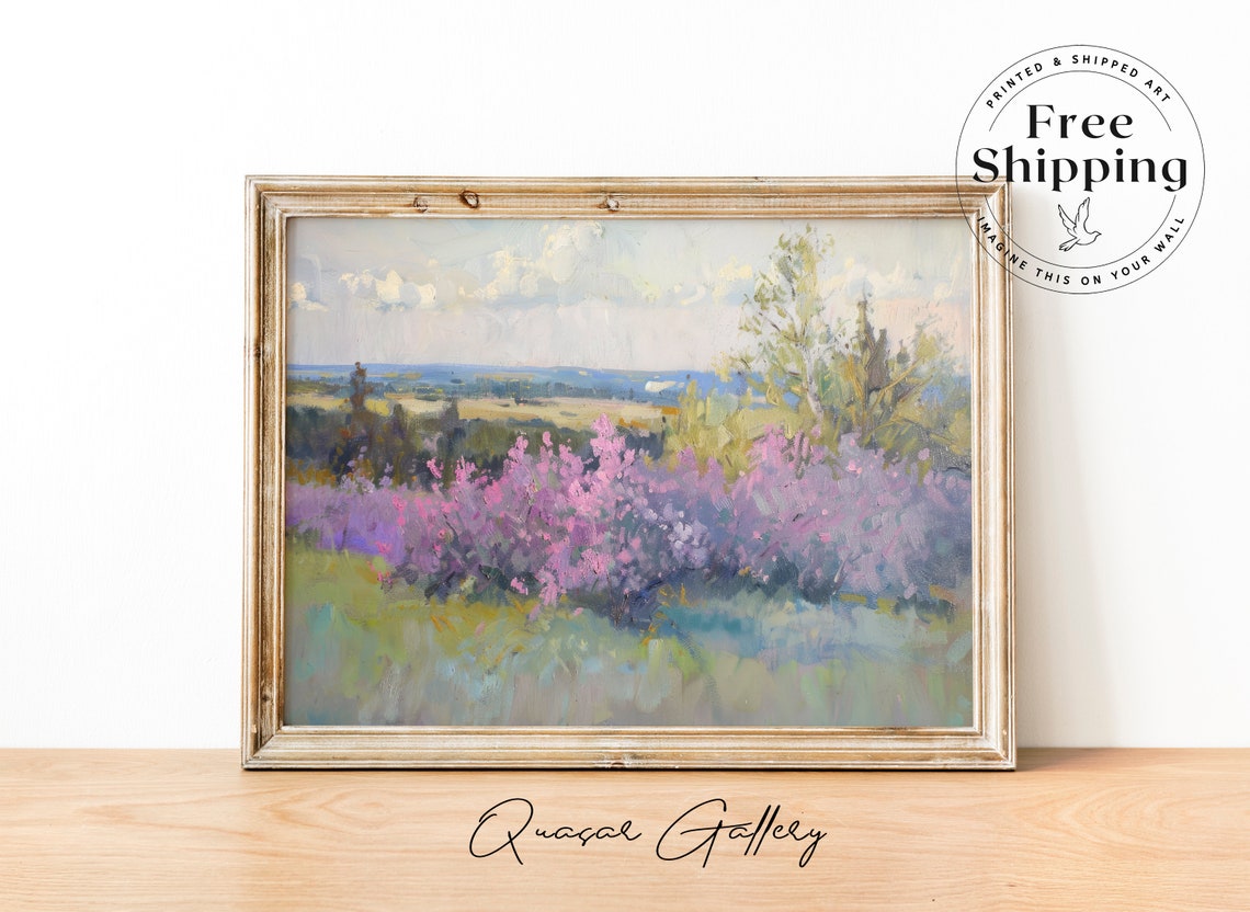 Flower Field Poster Oil Painting Country Landscape Painting Spring Meadow Painting Lilac Field Wall Art Soft Palette Painting