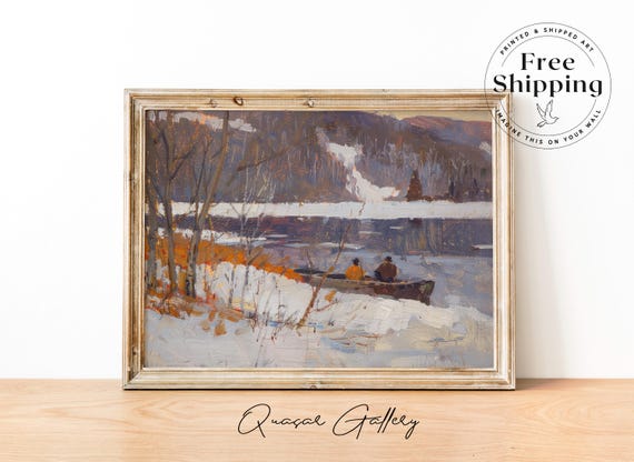 Lake Winter Cabin Decor Cozy Pastel Seasonal Eclectic Holiday Art Winter Wall Art Rustic Reading Nook Lake Winter Painting
