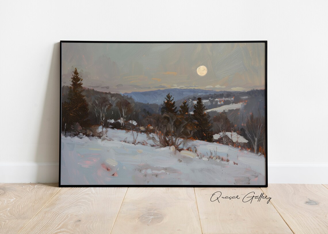 Moonlit Landscape Painting, Rural Night Scene - Image 3
