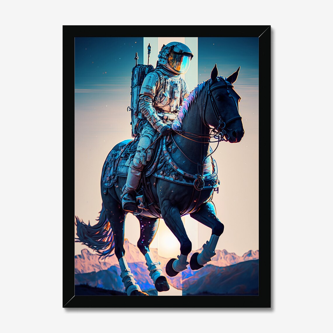 Astronaut on Black Horse in Beam of Light Futuristic Art Poster