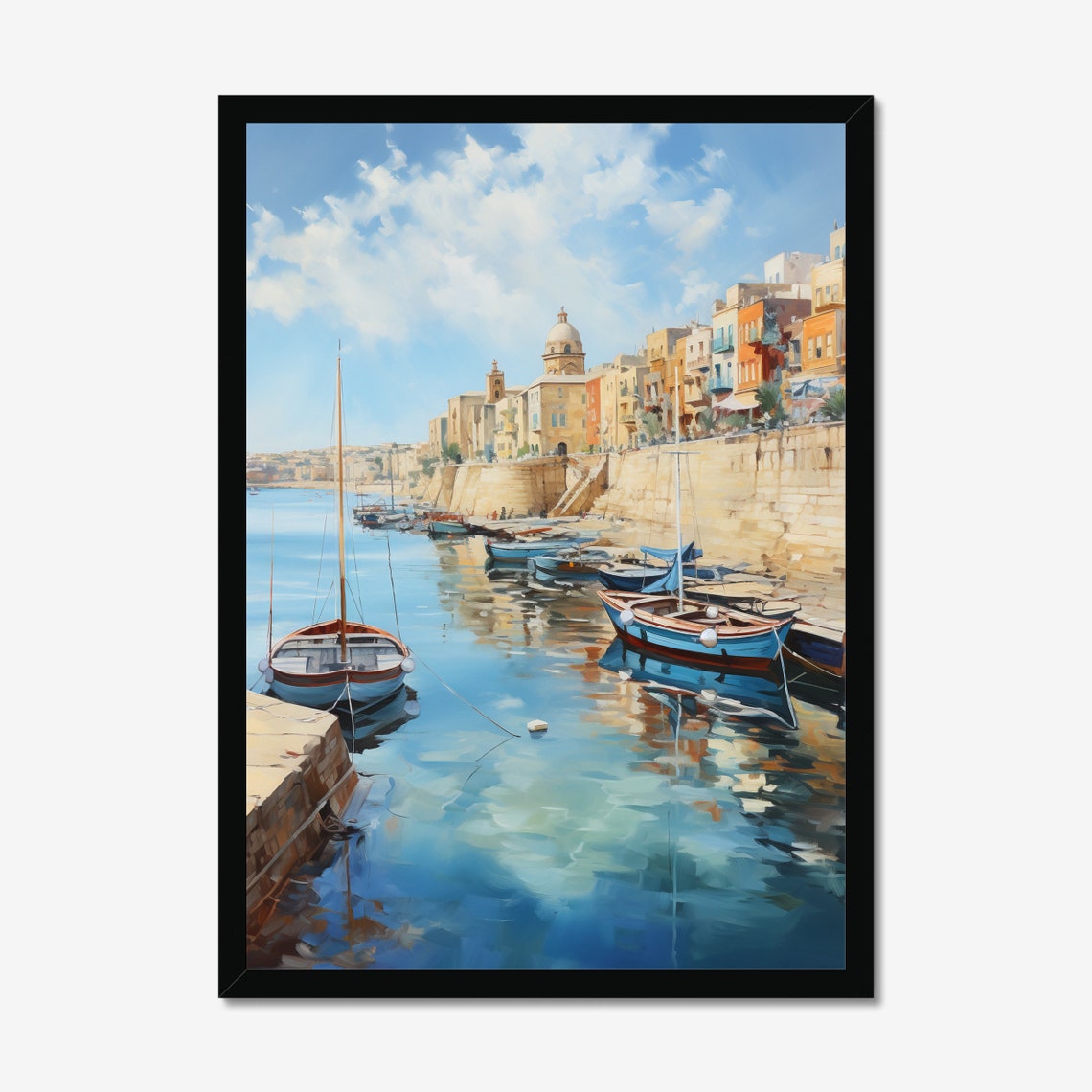 Sunlit Mediterranean Harbor Fishing Boats Old Town Watercolor Poster