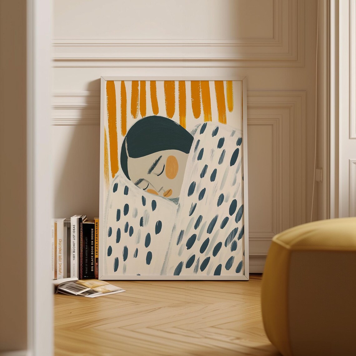 Sleeping Woman Wrapped In Dotted Blanket Under Orange Rays Poster - Image 3