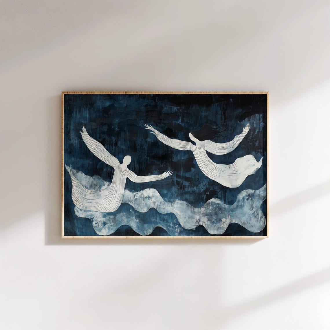Two White Angels Flying Over Dark Navy Clouds Dreamlike Art Poster - Image 3