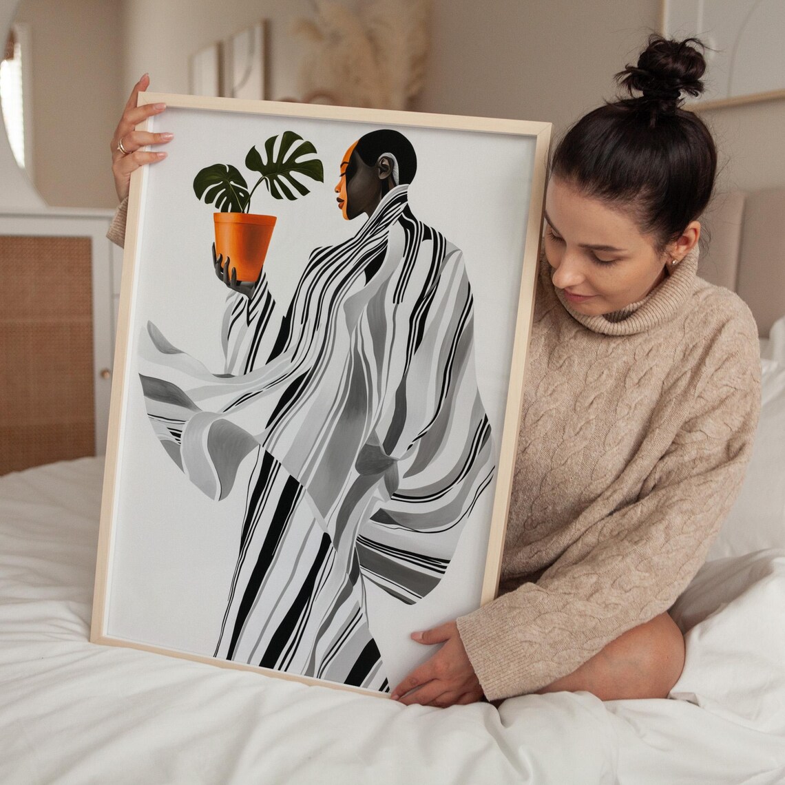 Elegant Striped Gown Woman Monstera Plant Orange Accent Poster - Image 4
