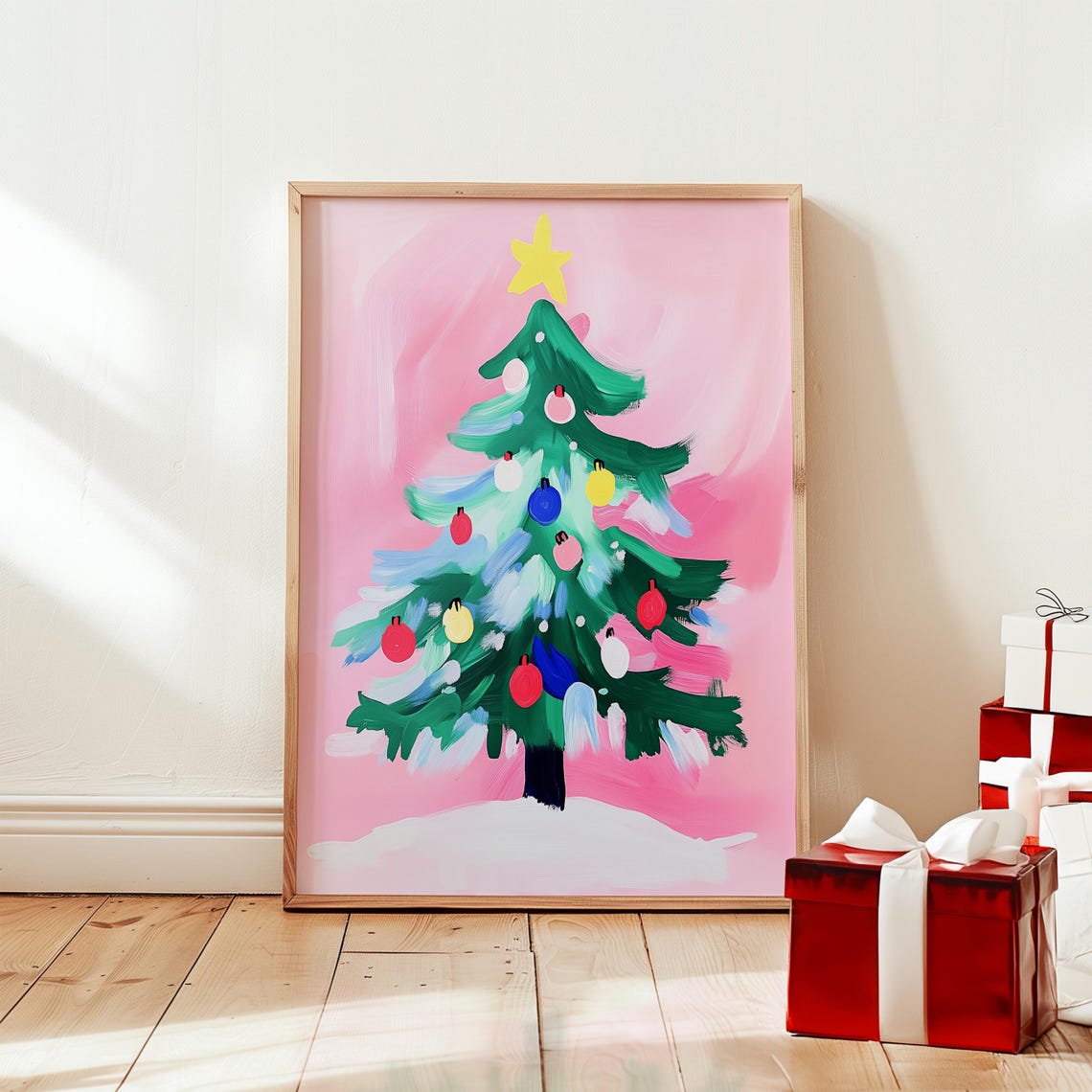 Painterly Christmas Tree With Colorful Ornaments on Pink Poster